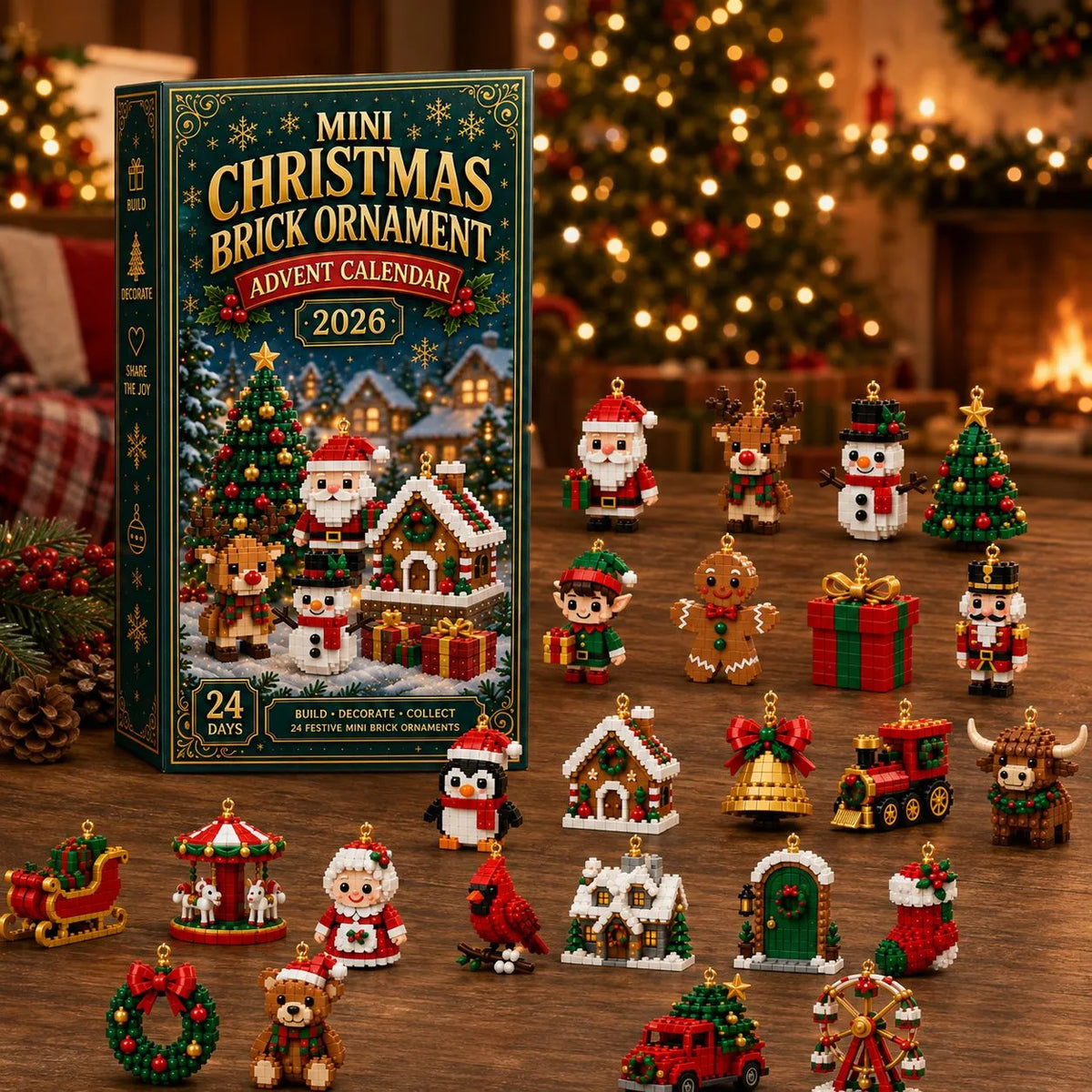 Metatoolskit🎄 24-Day Mini Christmas Ornament Advent Calendar | 24 unique festive buildable designs with hanging loops—perfect for decorating Christmas trees, wreaths, and holiday displays 🧱