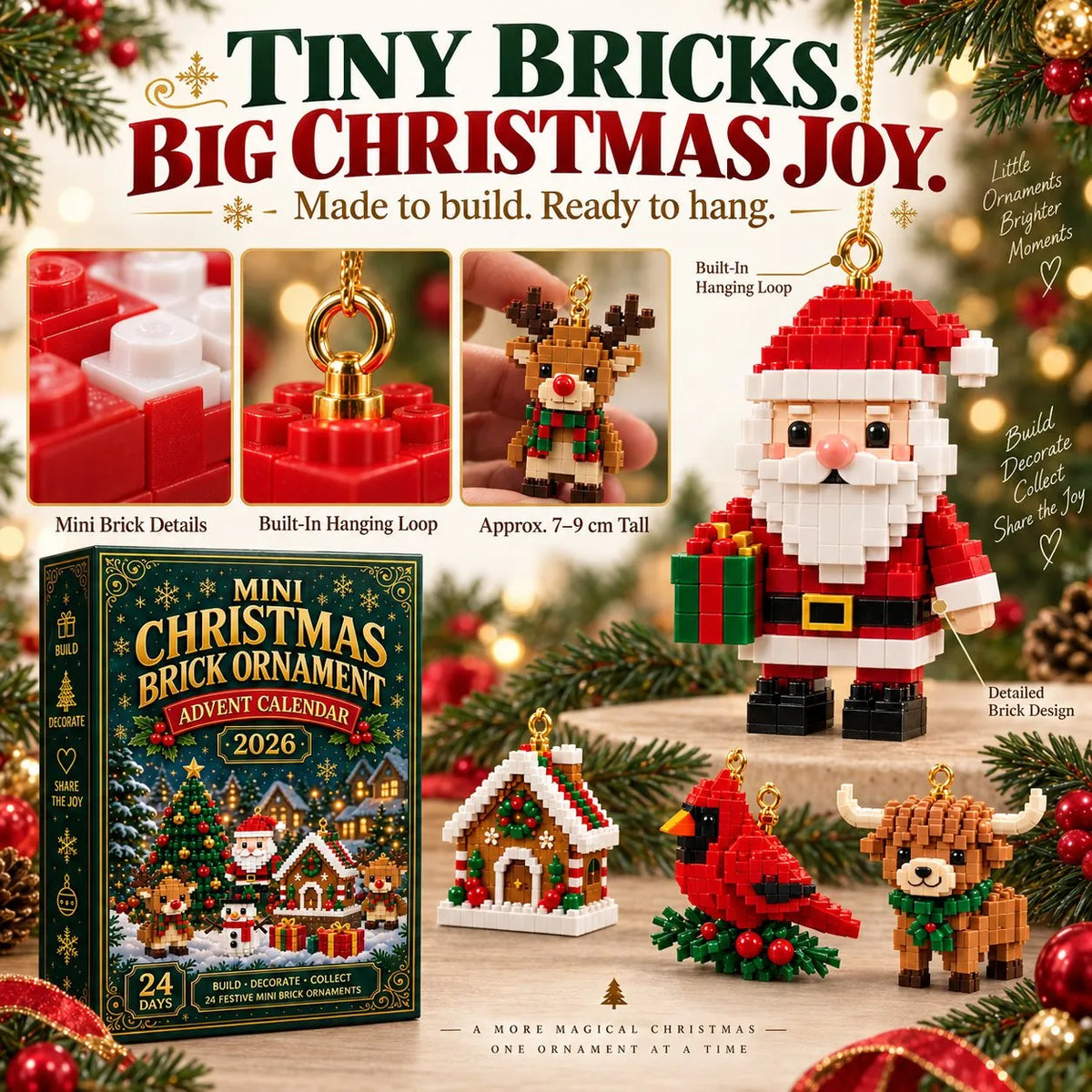 Metatoolskit🎄 24-Day Mini Christmas Ornament Advent Calendar | 24 unique festive buildable designs with hanging loops—perfect for decorating Christmas trees, wreaths, and holiday displays 🧱