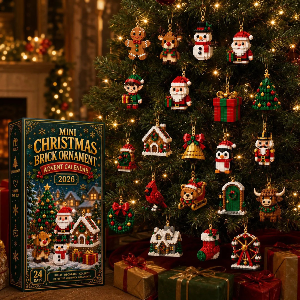 Metatoolskit🎄 24-Day Mini Christmas Ornament Advent Calendar | 24 unique festive buildable designs with hanging loops—perfect for decorating Christmas trees, wreaths, and holiday displays 🧱