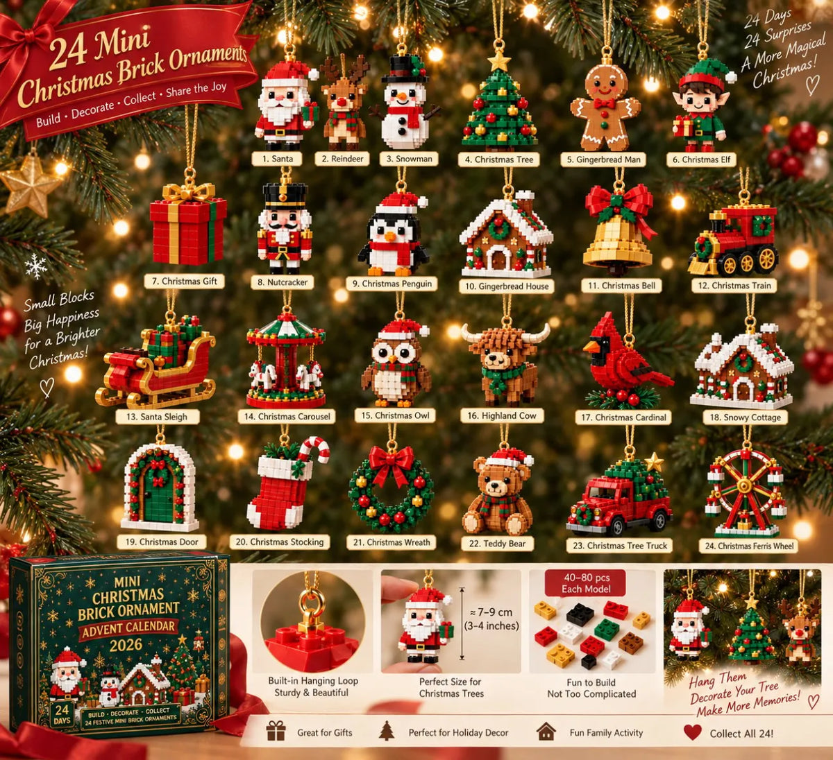 Metatoolskit🎄 24-Day Mini Christmas Ornament Advent Calendar | 24 unique festive buildable designs with hanging loops—perfect for decorating Christmas trees, wreaths, and holiday displays 🧱