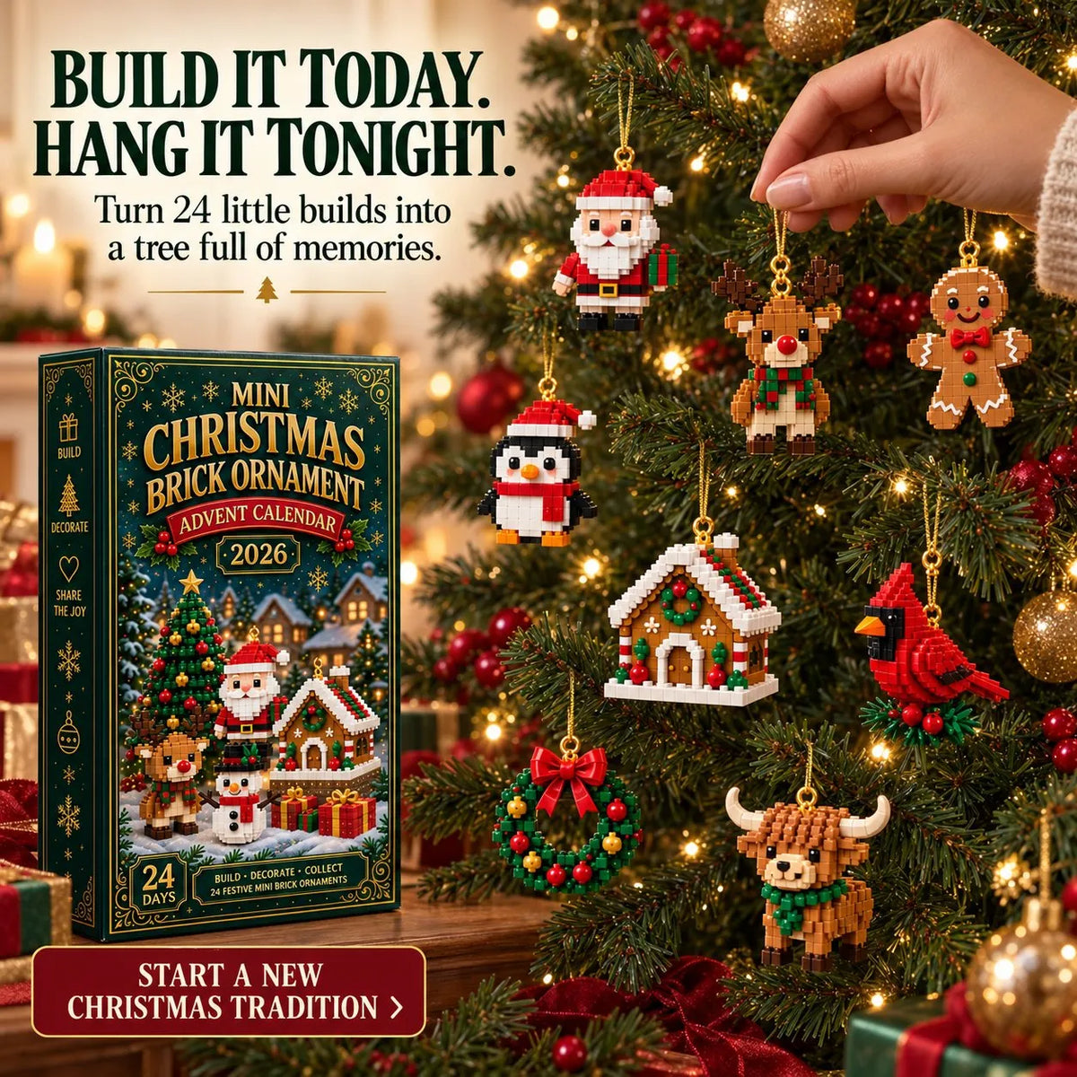 Metatoolskit🎄 24-Day Mini Christmas Ornament Advent Calendar | 24 unique festive buildable designs with hanging loops—perfect for decorating Christmas trees, wreaths, and holiday displays 🧱