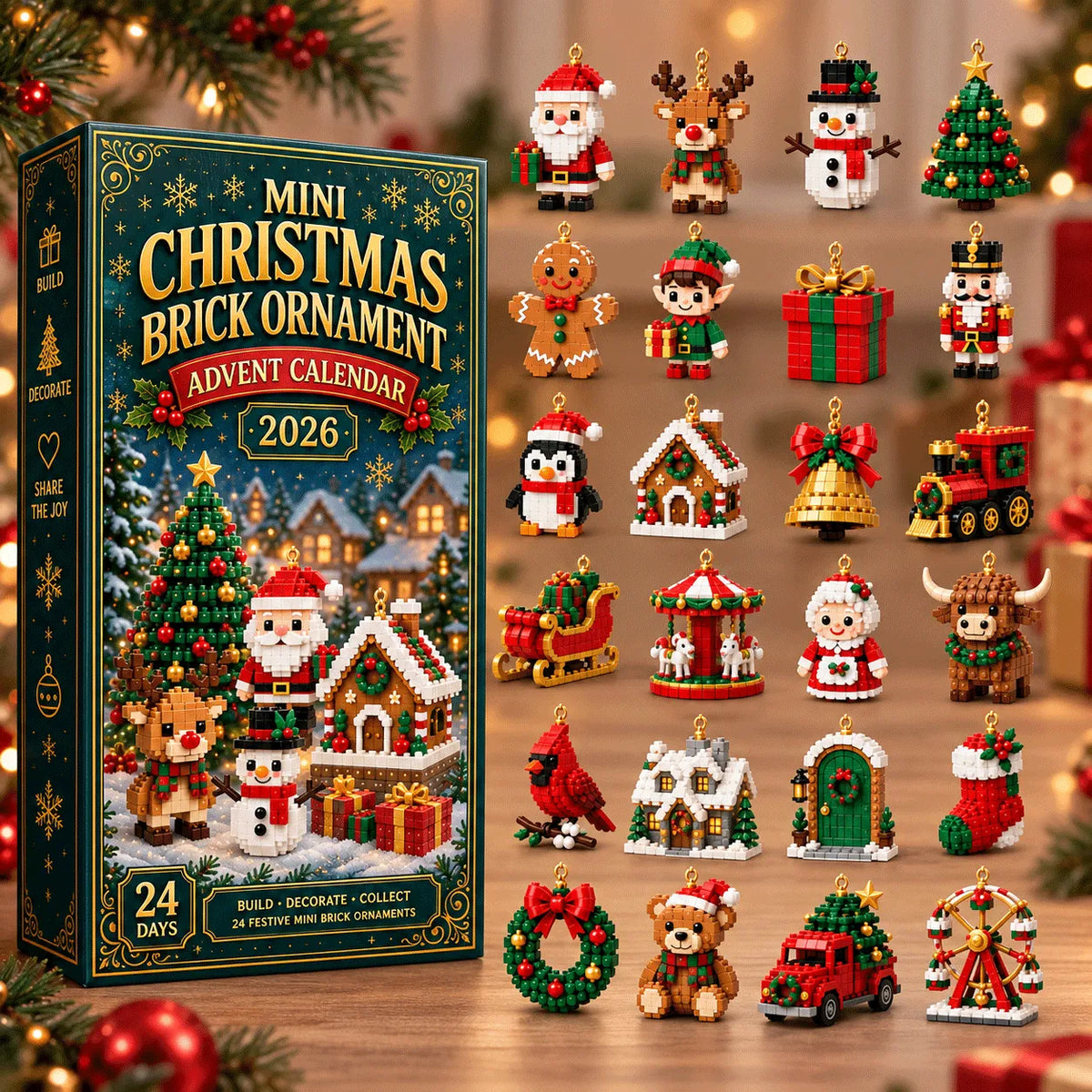 Metatoolskit🎄 24-Day Mini Christmas Ornament Advent Calendar | 24 unique festive buildable designs with hanging loops—perfect for decorating Christmas trees, wreaths, and holiday displays 🧱