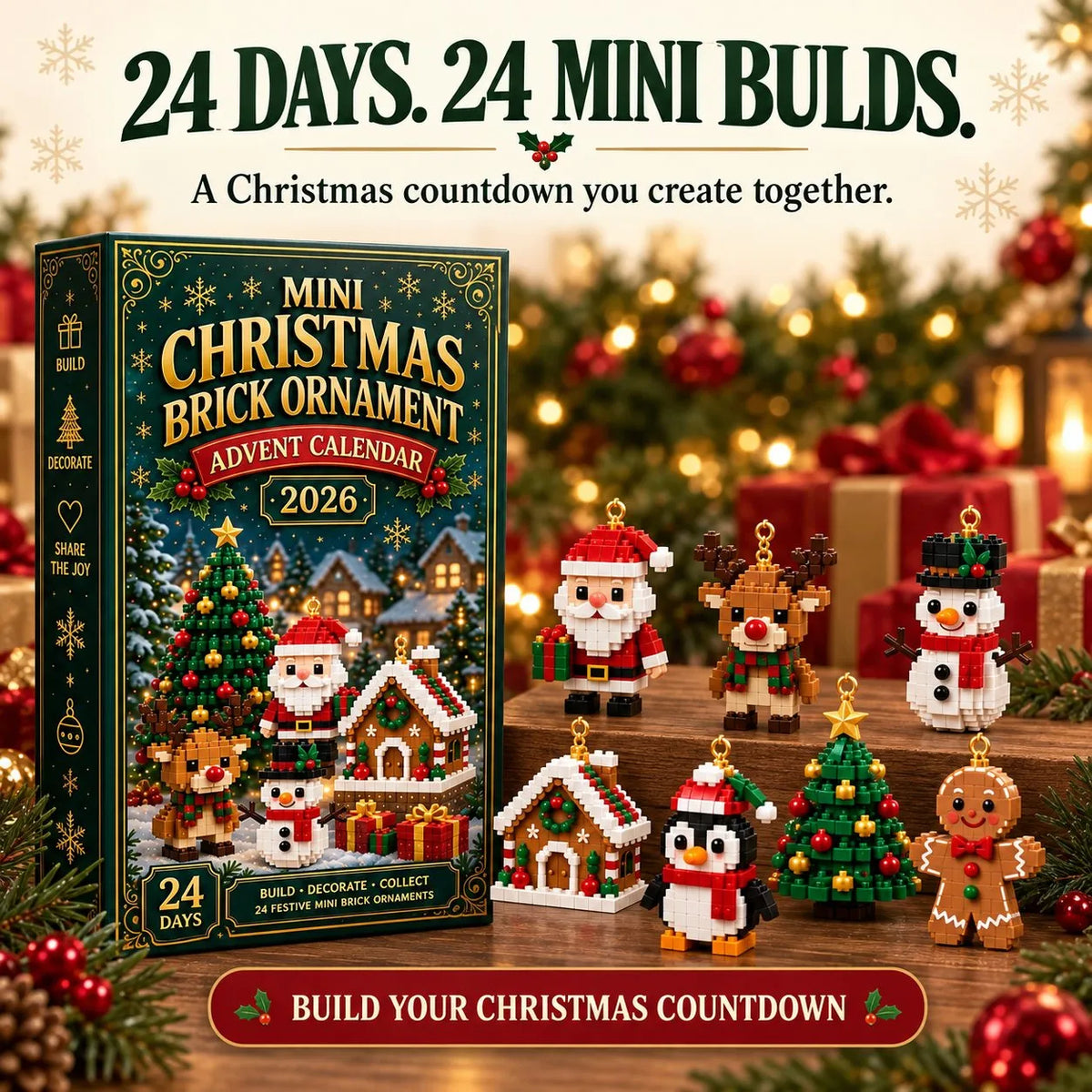 Metatoolskit🎄 24-Day Mini Christmas Ornament Advent Calendar | 24 unique festive buildable designs with hanging loops—perfect for decorating Christmas trees, wreaths, and holiday displays 🧱