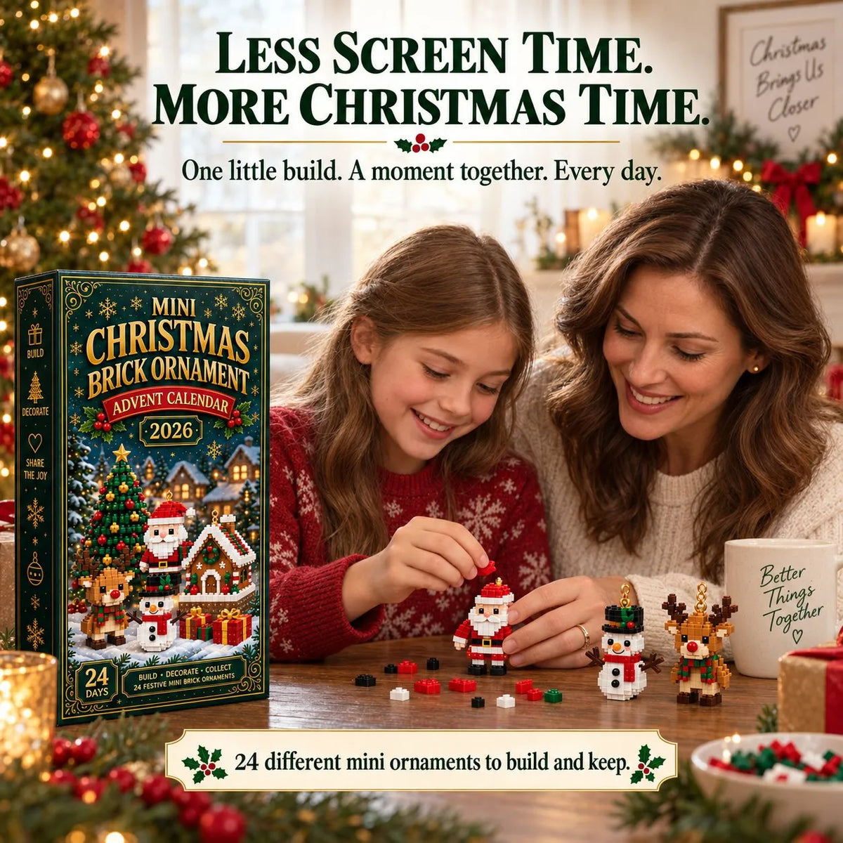Metatoolskit🎄 24-Day Mini Christmas Ornament Advent Calendar | 24 unique festive buildable designs with hanging loops—perfect for decorating Christmas trees, wreaths, and holiday displays 🧱